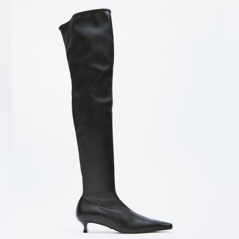 Zara Leather Kitten Heel Over The Knee Boots